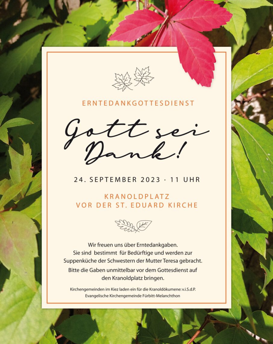 Einladungs-Flyer Ökumenischer Erntedank auf Neuköllner Kranoldplatz am 24.9.2023 um 11 Uhr