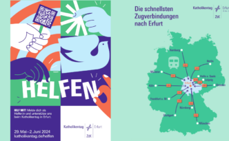 Plakat und Zug-Anfahrts-Übersicht zum Katholikentag 2024 in Erfurt