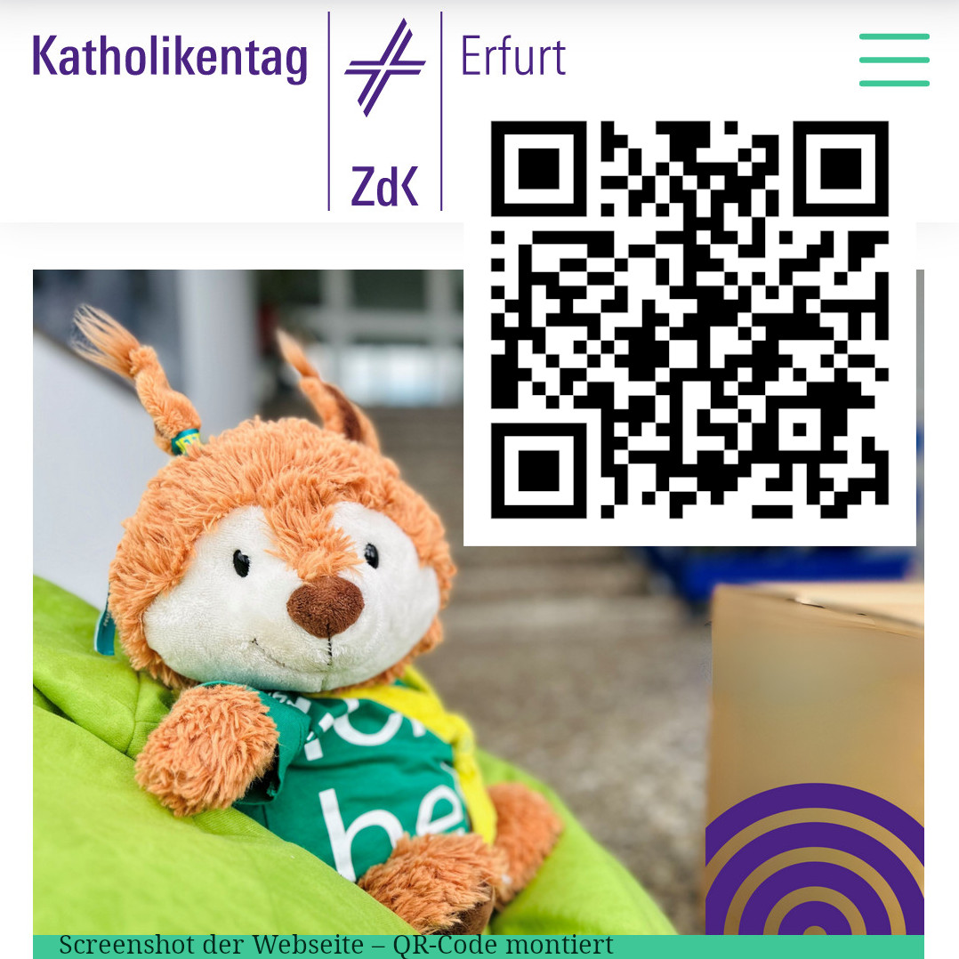 Mobile-Screenshot der Webseite Katholikentag.de/Helfen mit eingebautem QR-Code mit Link